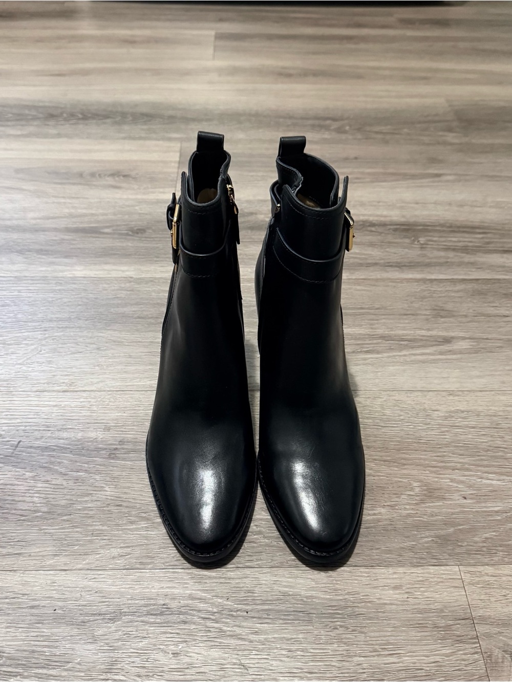 Ralph Lauren Black Leather Ankle Boots with Gold Buckle